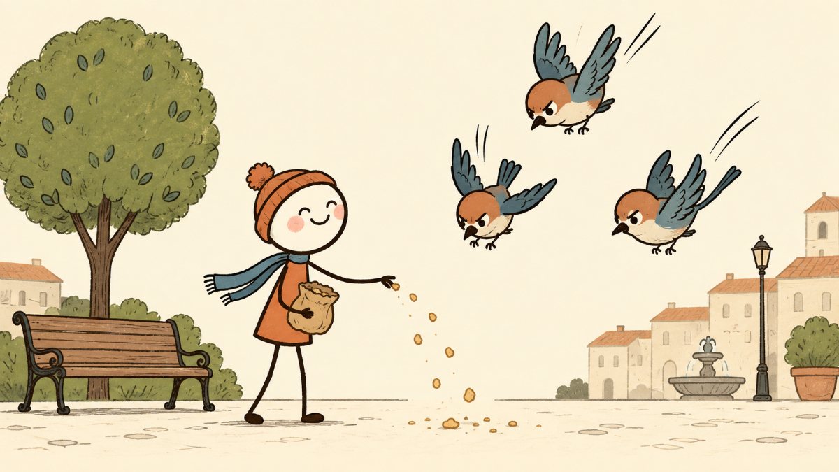 A TownSquare visitor scattering crumbs while three birds make an urgent approach