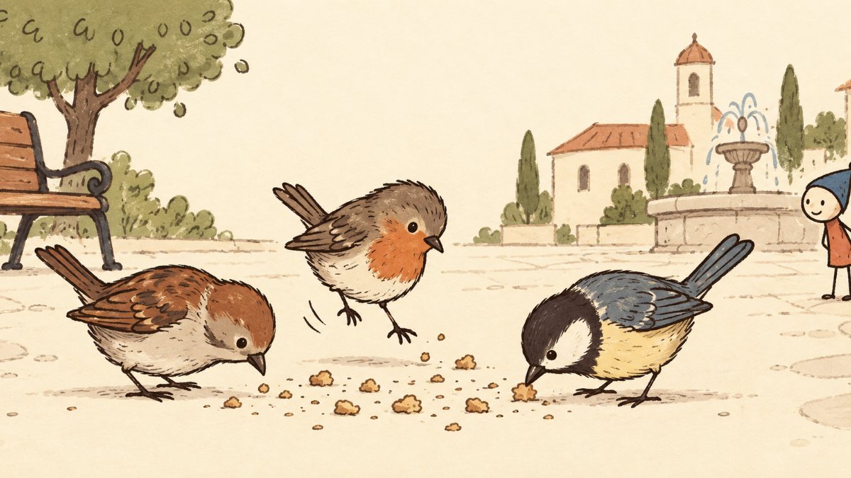 Three birds holding an important meeting around a pile of crumbs